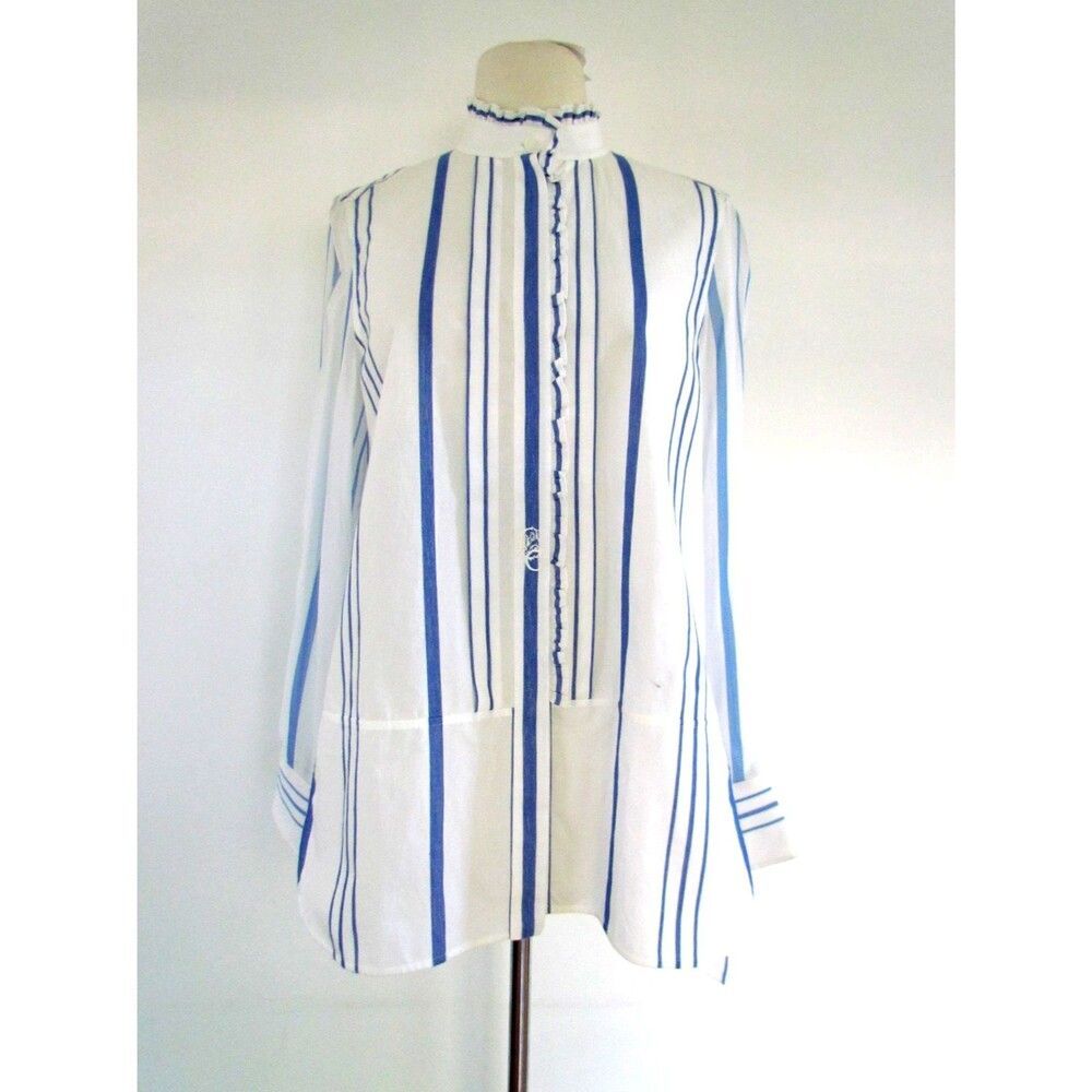 Chloé Blue White Striped Ruffle Mandarin Collar Blouse Top Size FR 36 US 4 NWT